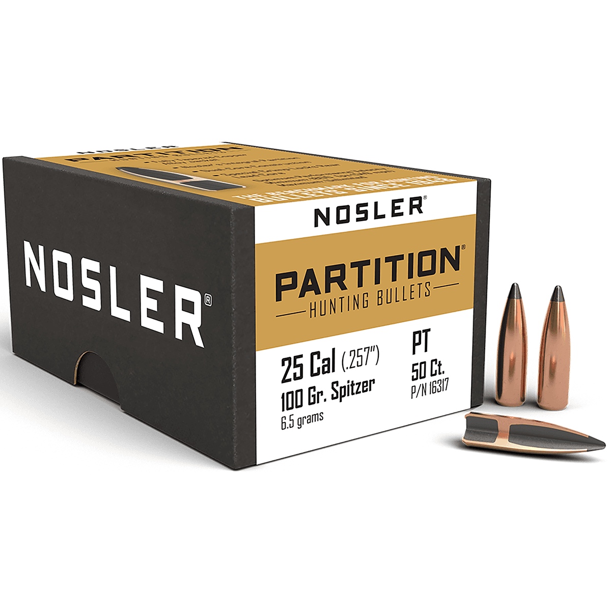 Nosler 16317 Partition 25 Caliber .257 100 GR Spitzer 50 Box Nosler 16317 Partition 25 Caliber .257 100 GR Spitzer 50 Box