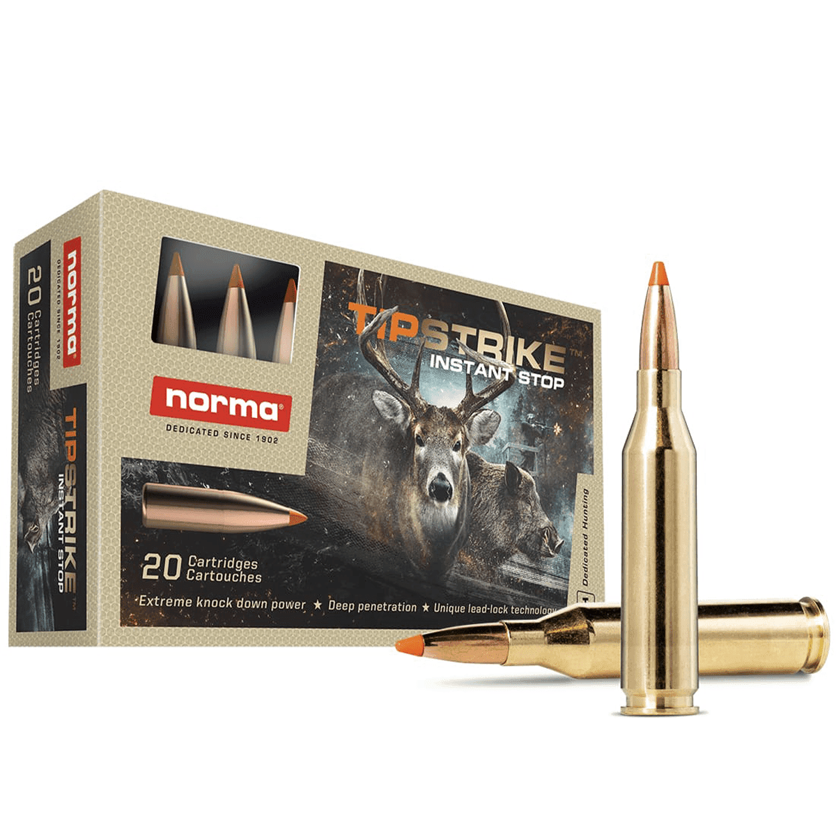 Norma TipStrike Ammunition 243 Winchester 76 Grain Polymer Tip Flat Base Box of 20 Norma TipStrike Ammunition 243 Winchester 76 Grain Polymer Tip Flat Base Box of 20