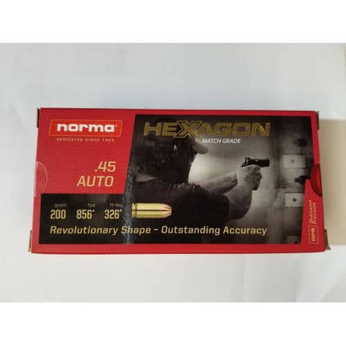 Norma Match Grade 45 Auto - Hexagon - 50rds - 200gr Norma Match Grade 45 Auto - Hexagon - 50rds - 200gr