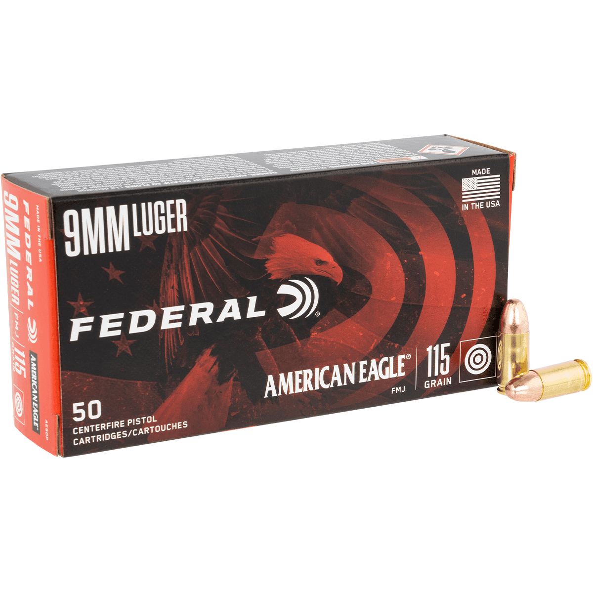 Federal AE9DP American Eagle Handgun Ammo 9mm Luger 115 gr Full Metal Jacket 50 Per Box Federal AE9DP American Eagle Handgun Ammo 9mm Luger 115 gr Full Metal Jacket 50 Per Box