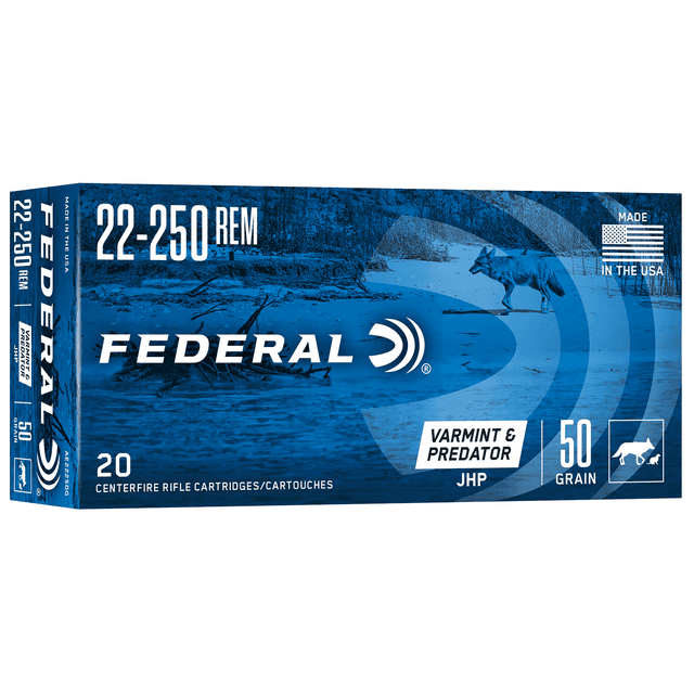 Federal American Eagle Varmint & Predator 22-250 Rem 50 gr Jacket Hollow Point 20 Per Box Federal American Eagle Varmint & Predator 22-250 Rem 50 gr Jacket Hollow Point 20 Per Box