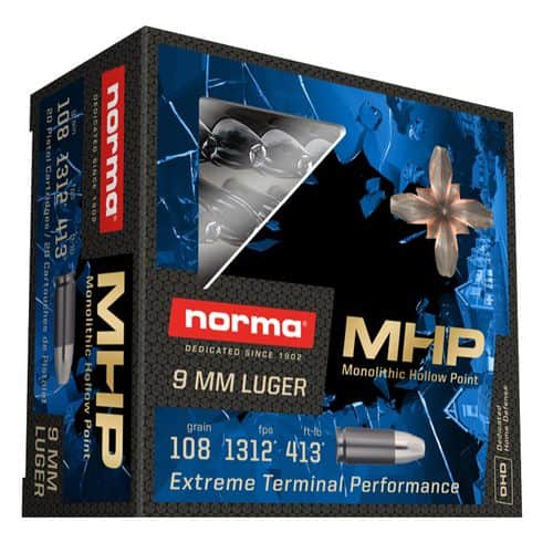 Norma Home Defense Ammunition 9mm Luger 108 Grain Monolith Hollow Point Box of 20 Norma Home Defense Ammunition 9mm Luger 108 Grain Monolith Hollow Point Box of 20