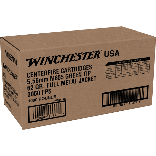 Winchester 5.56x45mm NATO M855 Green Tip 62gr FMJ 1000rd Bulk Ammo Winchester 5.56x45mm NATO M855 Green Tip 62gr FMJ 1000rd Bulk Ammo