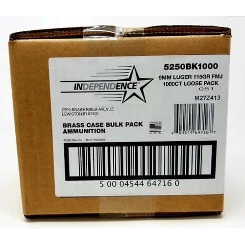 Independence 9mm luger 115gr FMJ Brass Case 1000rds Independence 9mm luger 115gr FMJ Brass Case 1000rds