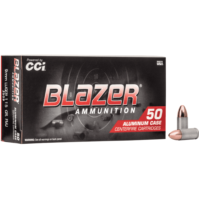 CCI Blazer 9mm Luger 115 gr Full Metal Jacket (FMJ) Handgun Ammo CCI Blazer 9mm Luger 115 gr Full Metal Jacket (FMJ) Handgun Ammo