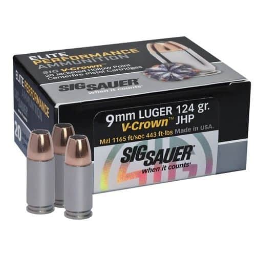 Sig Sauer Elite Performance Ammunition 9mm 124 Grain JHP V-Crown Sig Sauer Elite Performance Ammunition 9mm 124 Grain JHP V-Crown