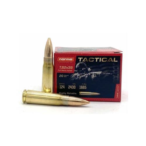 Norma Tactical 7.62x39mm 124gr FMJ Brass 20rd Box Norma Tactical 7.62x39mm 124gr FMJ Brass 20rd Box