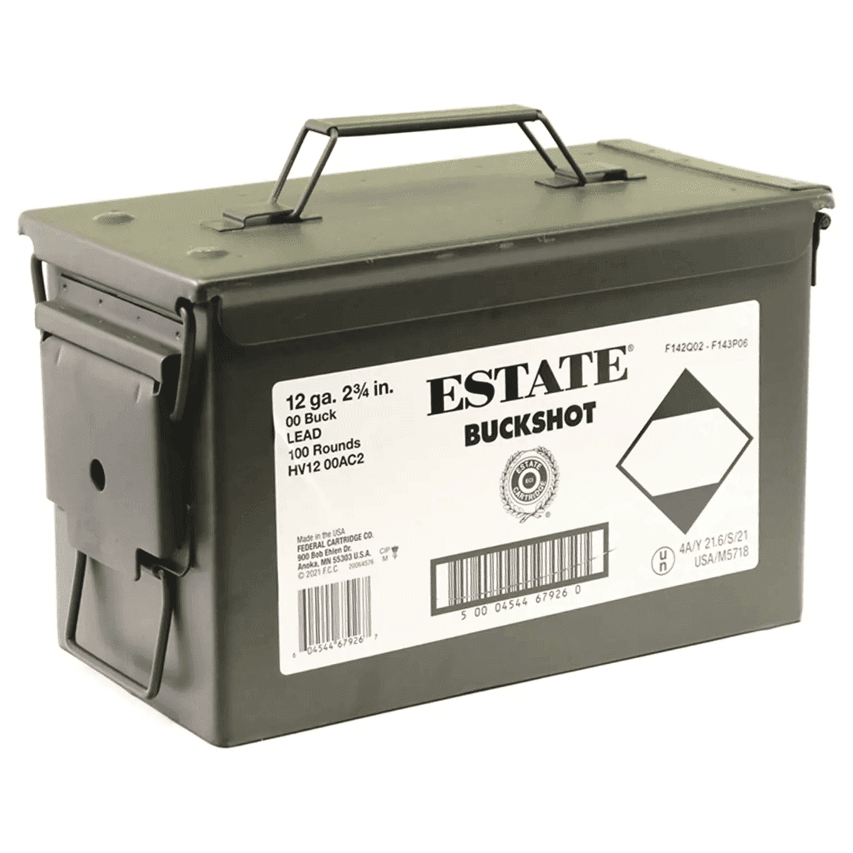 Estate 12 GA Ammo 2-3/4" 00 Buckshot 9 Pellet 100 Rounds in Ammo Can Estate 12 GA Ammo 2-3/4" 00 Buckshot 9 Pellet 100 Rounds in Ammo Can