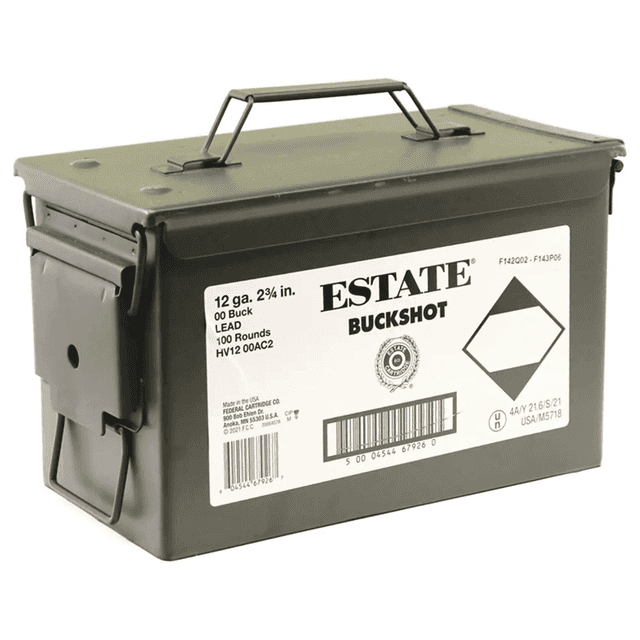 Estate 12 GA Ammo 2-3/4" 00 Buckshot 9 Pellet 100 Rounds in Ammo Can Estate 12 GA Ammo 2-3/4" 00 Buckshot 9 Pellet 100 Rounds in Ammo Can