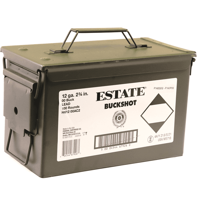 Estate 12 GA Ammo 2-3/4" 00 Buckshot 9 Pellet 100 Rounds in Ammo Can Estate 12 GA Ammo 2-3/4" 00 Buckshot 9 Pellet 100 Rounds in Ammo Can