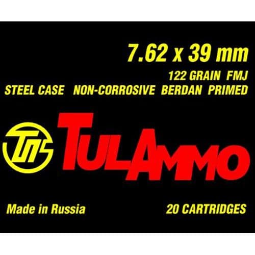 TulAmmo Ammunition 7.62x39mm 122 Grain Full Metal Jacket Steel Case Berdan Primed UL76201 TulAmmo Ammunition 7.62x39mm 122 Grain Full Metal Jacket Steel Case Berdan Primed UL76201