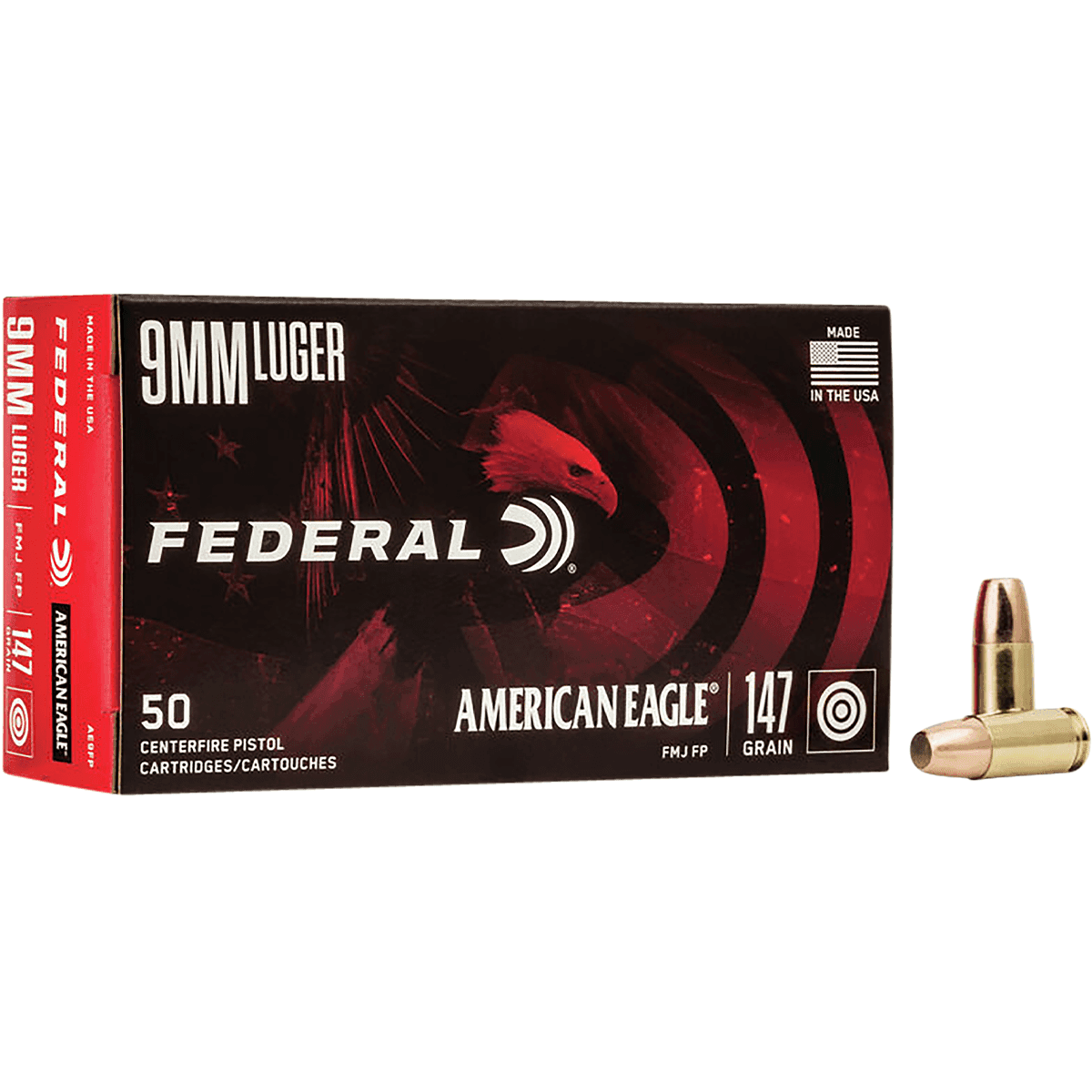 Federal AE9FP American Eagle Handgun 9mm Luger 147 gr Full Metal Jacket Flat Point 50 Per Box Federal AE9FP American Eagle Handgun 9mm Luger 147 gr Full Metal Jacket Flat Point 50 Per Box