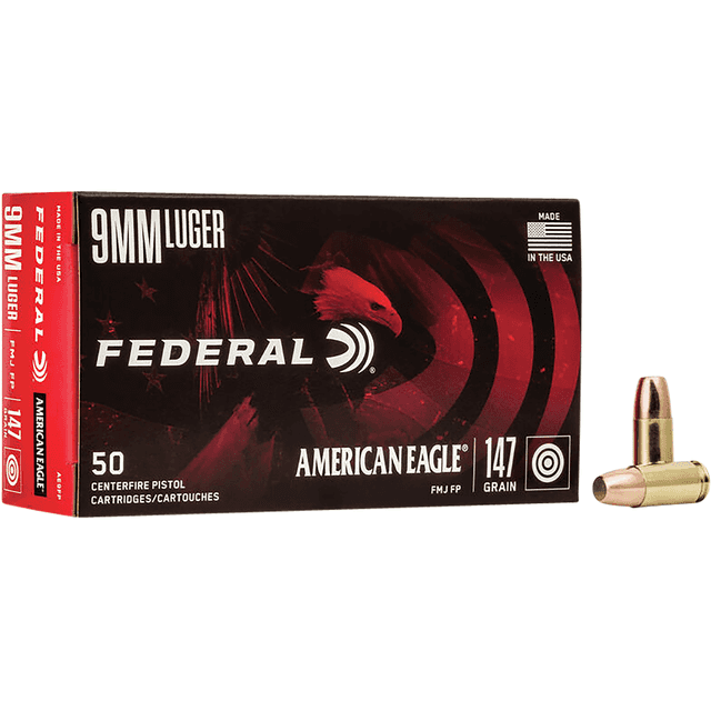 Federal AE9FP American Eagle Handgun 9mm Luger 147 gr Full Metal Jacket Flat Point 50 Per Box Federal AE9FP American Eagle Handgun 9mm Luger 147 gr Full Metal Jacket Flat Point 50 Per Box