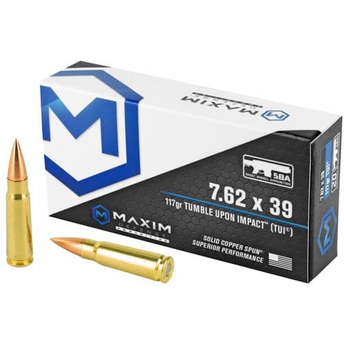 Maxim 7.62x39 117gr Tumble Upon Impact (TUI) SBA - 20rnds Maxim 7.62x39 117gr Tumble Upon Impact (TUI) SBA - 20rnds