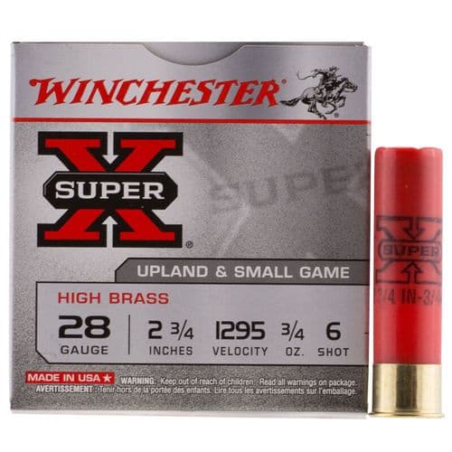 Winchester Super-X High Brass 28 Gauge Ammunition 25 Round Box 2-3/4" #6 Lead 3/4 oz 1295 fps Winchester Super-X High Brass 28 Gauge Ammunition 25 Round Box 2-3/4" #6 Lead 3/4 oz 1295 fps