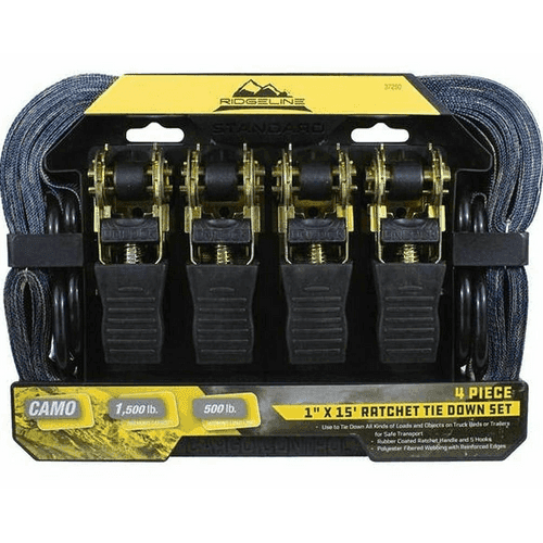 Ridgeline 37250 4pc 1 Inch x 15 Feet Camo Ratchet Tie Down Set with Rubber Grips, 1500lbs Ridgeline 37250 4pc 1 Inch x 15 Feet Camo Ratchet Tie Down Set with Rubber Grips, 1500lbs