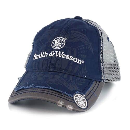 Smith and Wesson Gray & Blue Destroyed Mesh Black Cap Smith and Wesson Gray & Blue Destroyed Mesh Black Cap
