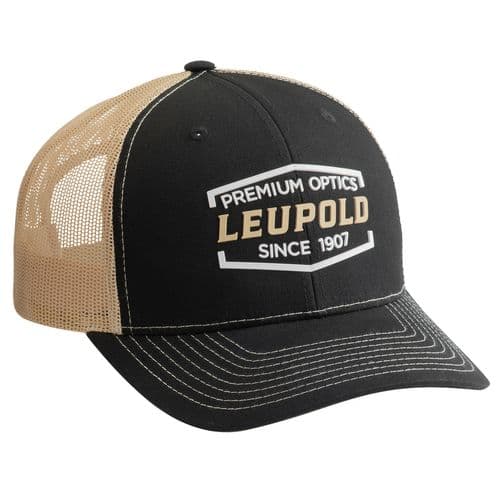 Leupold 179860 Premium Optics Trucker Hat Black/Gold Adjustable Snapback OSFA Semi-Structured Leupold 179860 Premium Optics Trucker Hat Black/Gold Adjustable Snapback OSFA Semi-Structured