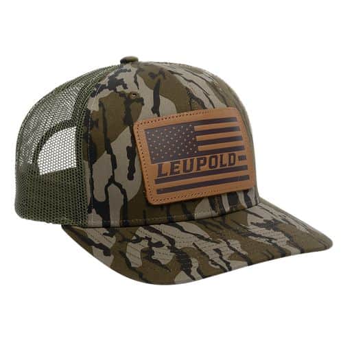 Leupold 172600 Leather Flag Trucker Hat Green/Bottomland Camo Adjustable Snapback OSFA Semi-Structured Leupold 172600 Leather Flag Trucker Hat Green/Bottomland Camo Adjustable Snapback OSFA Semi-Structured