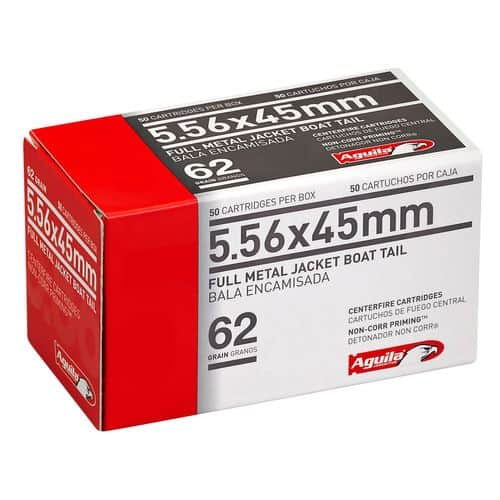 Aguila 1E556110 Rifle 5.56x45mm NATO 62 gr Full Metal Jacket Boat-Tail (FMJBT) 50 Bx/ 20 Cs Aguila 1E556110 Rifle 5.56x45mm NATO 62 gr Full Metal Jacket Boat-Tail (FMJBT) 50 Bx/ 20 Cs