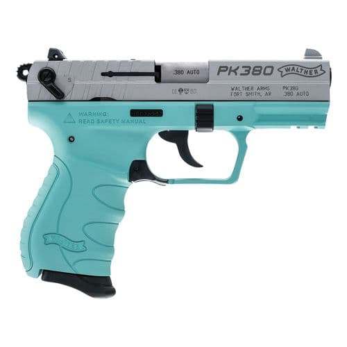 Walther Arms 5050325 PK380 380 ACP 3.66" 8+1 Angel Blue Polymer Frame & Grip with Stainless Cerakote Slide Walther Arms 5050325 PK380 380 ACP 3.66" 8+1 Angel Blue Polymer Frame & Grip with Stainless Cerakote Slide
