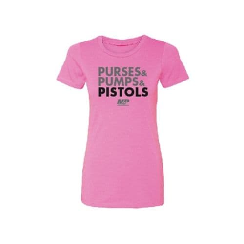 Smith and Wesson M&P Ladies Purses & Pumps Tshirt - Safety Pink Smith and Wesson M&P Ladies Purses & Pumps Tshirt - Safety Pink