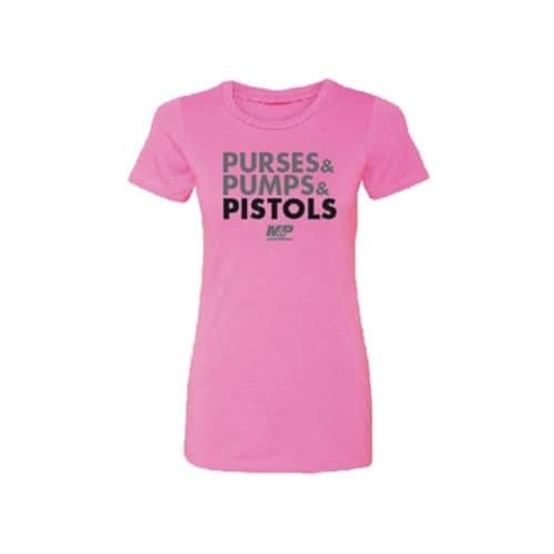 Smith and Wesson M&P Ladies Purses & Pumps Tshirt - Safety Pink Smith and Wesson M&P Ladies Purses & Pumps Tshirt - Safety Pink