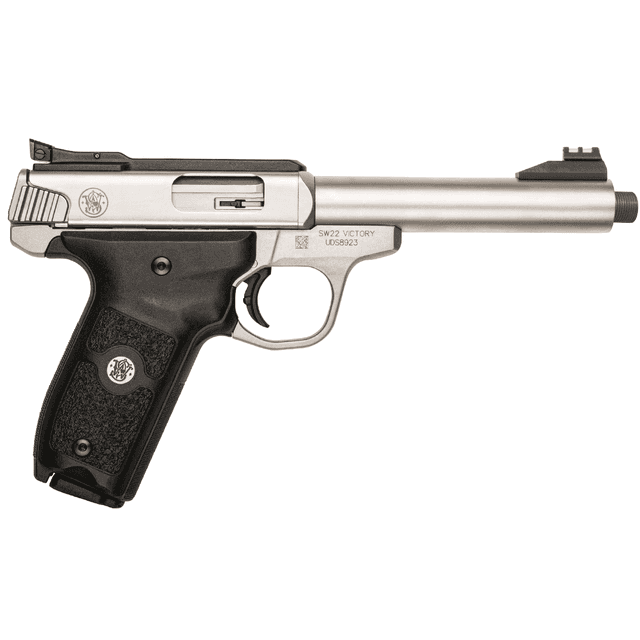 Smith & Wesson 10201 SW22 Victory 22 LR 5.50" TB 10+1 Satin Stainless Steel Stainless Steel Slide Black Polymer Grip Smith & Wesson 10201 SW22 Victory 22 LR 5.50" TB 10+1 Satin Stainless Steel Stainless Steel Slide Black Polymer Grip