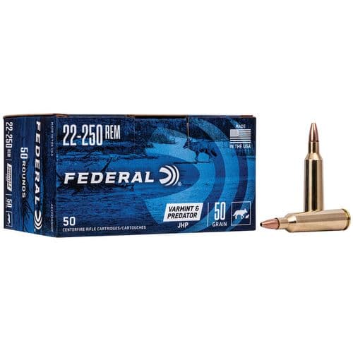 Federal AE2225050VP American Eagle Varmint & Predator 22-250 Rem 50 gr Jacketed Hollow Point (JHP) 50 Bx/ 5 Cs Federal AE2225050VP American Eagle Varmint & Predator 22-250 Rem 50 gr Jacketed Hollow Point (JHP) 50 Bx/ 5 Cs