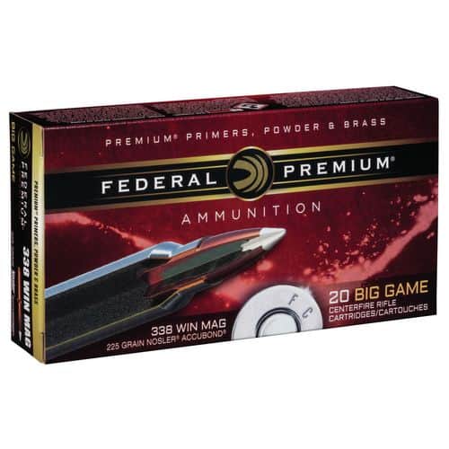 Federal P338A1 Premium 338 Win Mag 225 gr Nosler Accubond (AB) 20 Bx/ 10 Cs Federal P338A1 Premium 338 Win Mag 225 gr Nosler Accubond (AB) 20 Bx/ 10 Cs