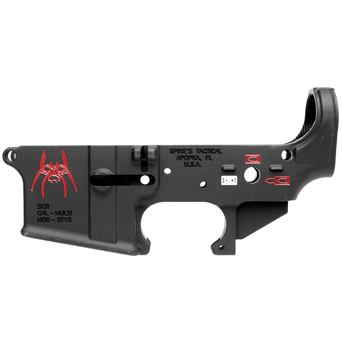 Spikes STLS019CFA Spider Stripped Lower Receiver Multi-Caliber 7075-T6 Aluminum Black Anodized with Color Fill for AR-15 Spikes STLS019CFA Spider Stripped Lower Receiver Multi-Caliber 7075-T6 Aluminum Black Anodized with Color Fill for AR-15