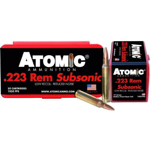 Atomic 00429 Rifle Subsonic 223 Rem 77 gr Hollow Point Boat-Tail (HPBT) 50 Bx/ 10 Cs Atomic 00429 Rifle Subsonic 223 Rem 77 gr Hollow Point Boat-Tail (HPBT) 50 Bx/ 10 Cs