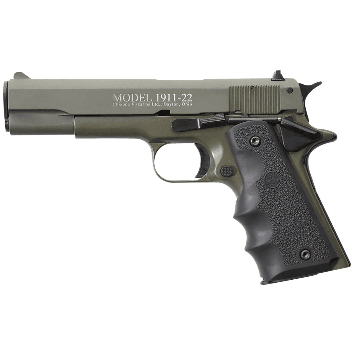 Chiappa Firearms 401121 1911-22 22 LR 10+1, 5" Black Steel Barrel, OD Green Serrated Slide, OD Green Aluminum Frame w/Beavertail, Black Hogue Rubber Finger Grooved Grip, Manual Thumb Safety, Right Hand Chiappa Firearms 401121 1911-22 22 LR 10+1, 5" Black Steel Barrel, OD Green Serrated Slide, OD Green Aluminum Frame w/Beavertail, Black Hogue Rubber Finger Grooved Grip, Manual Thumb Safety, Right Hand