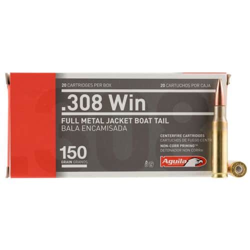 Aguila 1E308110 Rifle 308 Win 150 gr Full Metal Jacket Boat-Tail (FMJBT) 20 Bx/ 25 Cs Aguila 1E308110 Rifle 308 Win 150 gr Full Metal Jacket Boat-Tail (FMJBT) 20 Bx/ 25 Cs