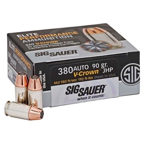 Sig Sauer Elite V-Crown .380 ACP 90 Grain JHP 20 Round Box Sig Sauer Elite V-Crown .380 ACP 90 Grain JHP 20 Round Box