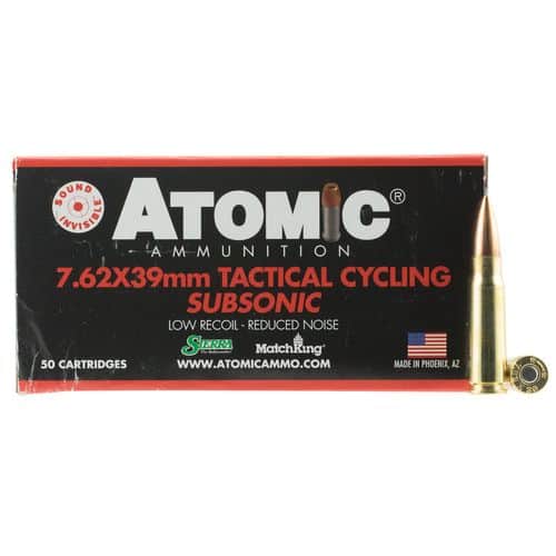 Atomic 00474 Rifle Subsonic 7.62x39mm 220 gr Hollow Point Boat-Tail (HPBT) 50 Bx/ 10 Cs Atomic 00474 Rifle Subsonic 7.62x39mm 220 gr Hollow Point Boat-Tail (HPBT) 50 Bx/ 10 Cs