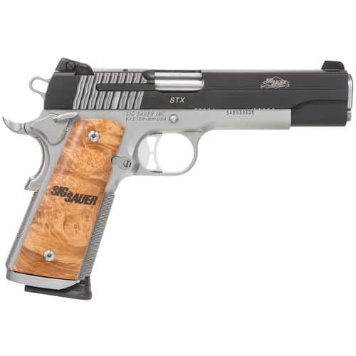 Sig Sauer 191145STX 1911 Full Size STX 45 ACP 5" 8+1 Stainless Steel Frame Black Nitron Stainless Steel Slide with Burled Maple Wood Grip Sig Sauer 191145STX 1911 Full Size STX 45 ACP 5" 8+1 Stainless Steel Frame Black Nitron Stainless Steel Slide with Burled Maple Wood Grip