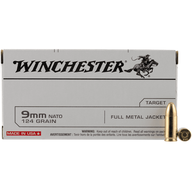 Winchester USA 9mm NATO 124 gr Full Metal Jacket (FMJ) Handgun Ammo Winchester USA 9mm NATO 124 gr Full Metal Jacket (FMJ) Handgun Ammo