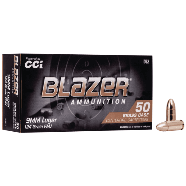 CCI Blazer Brass Handgun 9mm Luger Full Metal Jacket 124 grain, 50 Per Box - 5201 CCI Blazer Brass Handgun 9mm Luger Full Metal Jacket 124 grain, 50 Per Box - 5201