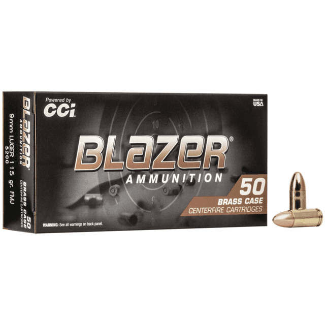 CCI Blazer Brass Handgun 9mm Luger Full Metal Jacket 115 grain, 50 Per Box - 5200 CCI Blazer Brass Handgun 9mm Luger Full Metal Jacket 115 grain, 50 Per Box - 5200