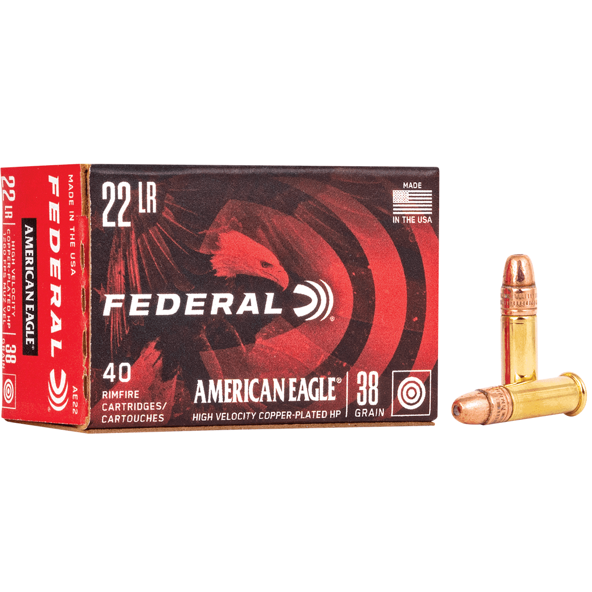 Federal AE22 American Eagle 22 LR 38 gr Copper Plated Hollow Point 40 Per Box Federal AE22 American Eagle 22 LR 38 gr Copper Plated Hollow Point 40 Per Box