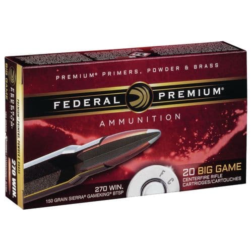 Federal P270C Premium 270 Win 150 gr Sierra GameKing Boat-Tail Soft Point (BTSP) 20 Bx/ 10 Cs Federal P270C Premium 270 Win 150 gr Sierra GameKing Boat-Tail Soft Point (BTSP) 20 Bx/ 10 Cs