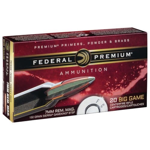 Federal P7RD Premium 7mm Rem Mag 150 gr Sierra GameKing Boat-Tail Soft Point (BTSP) 20 Bx/ 10 Cs Federal P7RD Premium 7mm Rem Mag 150 gr Sierra GameKing Boat-Tail Soft Point (BTSP) 20 Bx/ 10 Cs
