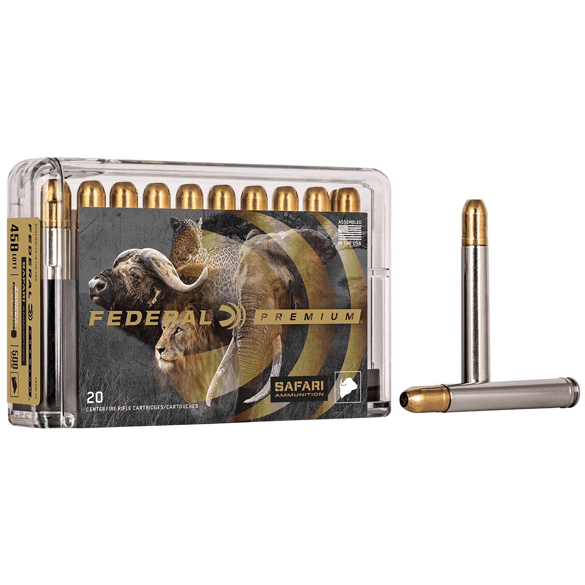 Federal P458T3 Premium Safari Cape-Shok 458 Win Mag 500 gr Trophy Bonded Sledgehammer Solid 20 Per Box Federal P458T3 Premium Safari Cape-Shok 458 Win Mag 500 gr Trophy Bonded Sledgehammer Solid 20 Per Box