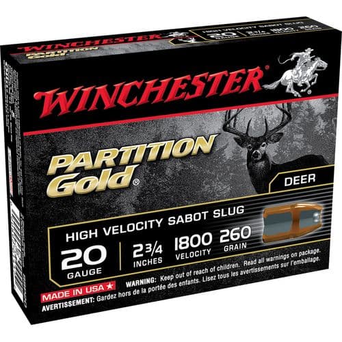 Winchester Ammo SSP20 Partition Gold 20 Gauge 2.75" 260 GR HV Sabot Slug Shot 5 Bx/ 20 Cs Winchester Ammo SSP20 Partition Gold 20 Gauge 2.75" 260 GR HV Sabot Slug Shot 5 Bx/ 20 Cs