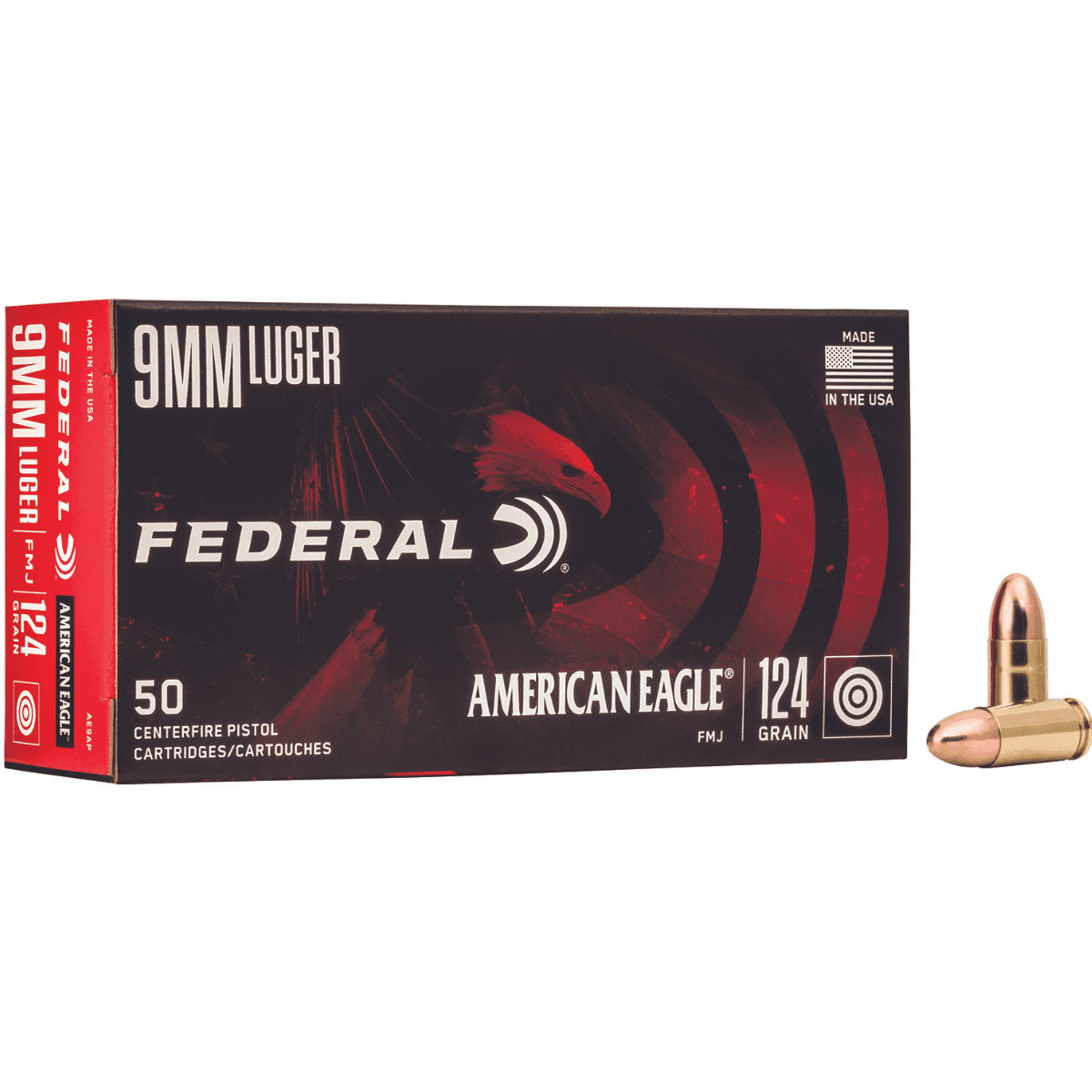 Federal American Eagle Handgun 9mm Luger 124 grain, 50 Per Box - AE9AP Federal American Eagle Handgun 9mm Luger 124 grain, 50 Per Box - AE9AP