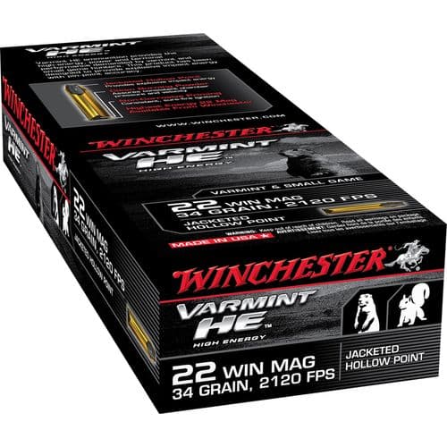 Winchester Ammo S22WM Varmint HE 22 Mag 34 gr Jacketed Hollow Point (JHP) 50 Bx/40 Cs Winchester Ammo S22WM Varmint HE 22 Mag 34 gr Jacketed Hollow Point (JHP) 50 Bx/40 Cs