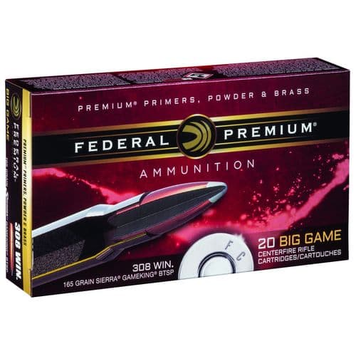 Federal P308C Premium 308 Win 165 gr Sierra GameKing Boat-Tail Soft Point (BTSP) 20 Bx/ 10 Cs Federal P308C Premium 308 Win 165 gr Sierra GameKing Boat-Tail Soft Point (BTSP) 20 Bx/ 10 Cs