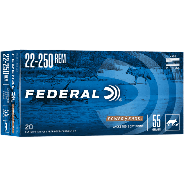 Federal 22250A Power-Shok 22-250 Rem 55 gr Jacketed Soft Point 20 Per Box Federal 22250A Power-Shok 22-250 Rem 55 gr Jacketed Soft Point 20 Per Box