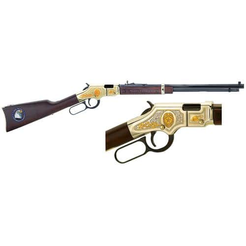 Henry H004LE Golden Boy Law Enforcement Tribute Lever Action 22 Short,Long,LR 16 LR/21 Short 20" Nickel Plated American Walnut Right Hand Henry H004LE Golden Boy Law Enforcement Tribute Lever Action 22 Short,Long,LR 16 LR/21 Short 20" Nickel Plated American Walnut Right Hand